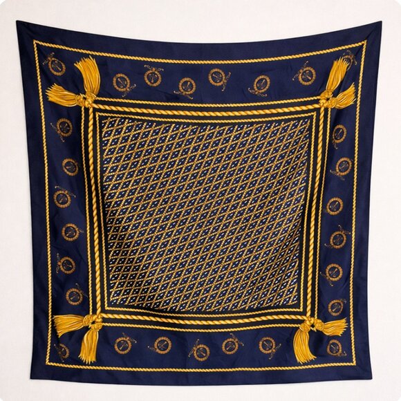 Vintage Accessories - Vintage Berkshire Made in Italy Scarf | Navy Gold Tassel Print Square